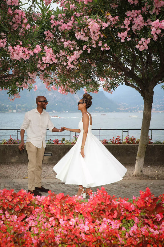 Bellagio proposal photography on Lake Como with luxury dress, styling, and bouquet included in package.