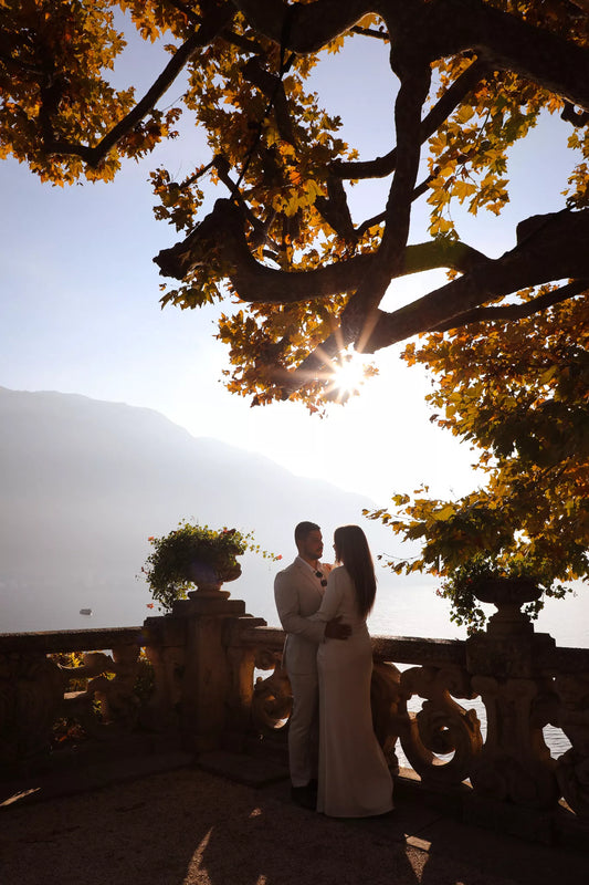 Golden hour Villa del Balbianello proposal photography with romantic Lake Como sunset light