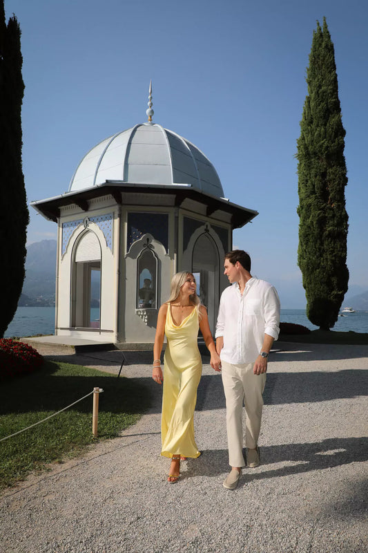 Engagement photography session in the historic Villa Melzi Gardens overlooking Lake Como.