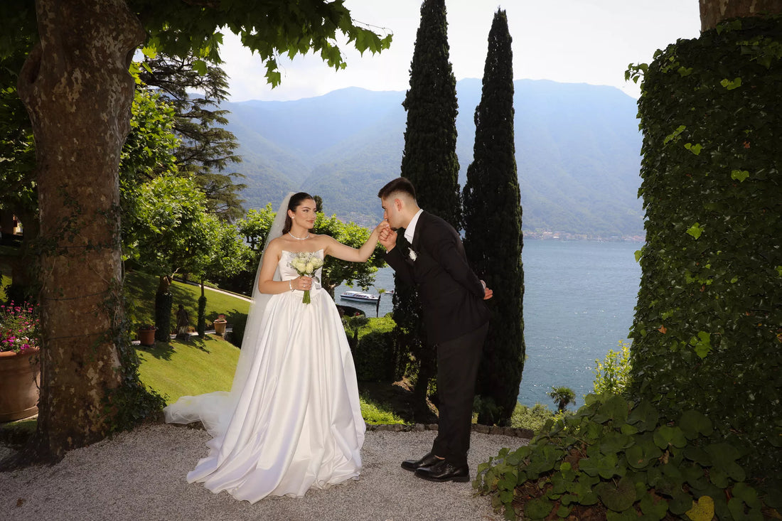 Luxury destination wedding photographer in Lake Como capturing an elegant bride and groom at an Italian villa