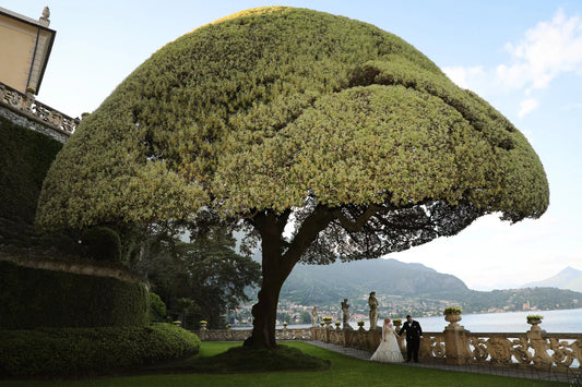 Luxury Villa del Balbianello wedding ceremony overlooking Lake Como with elegant floral design and panoramic lake views