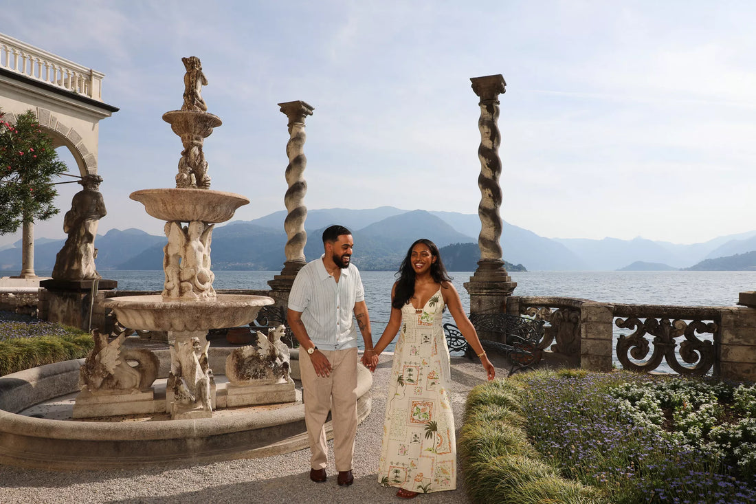 Bride and groom walking through the botanical gardens of Villa Monastero and Villa Cipressi in Varenna, Lake Como