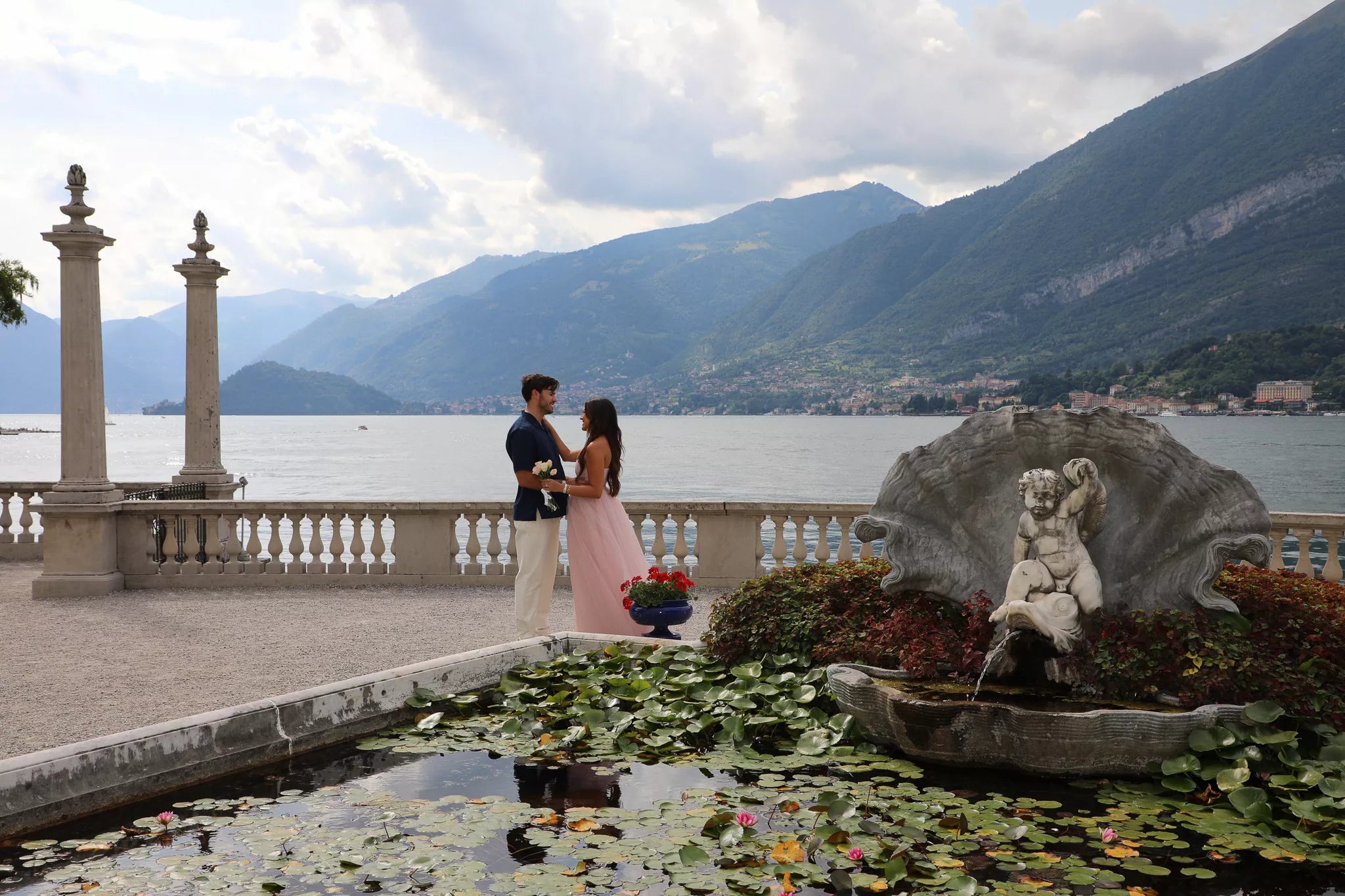 Cinematic engagement portraits of a couple in Bellagio’s romantic streets after their Lake Como proposal