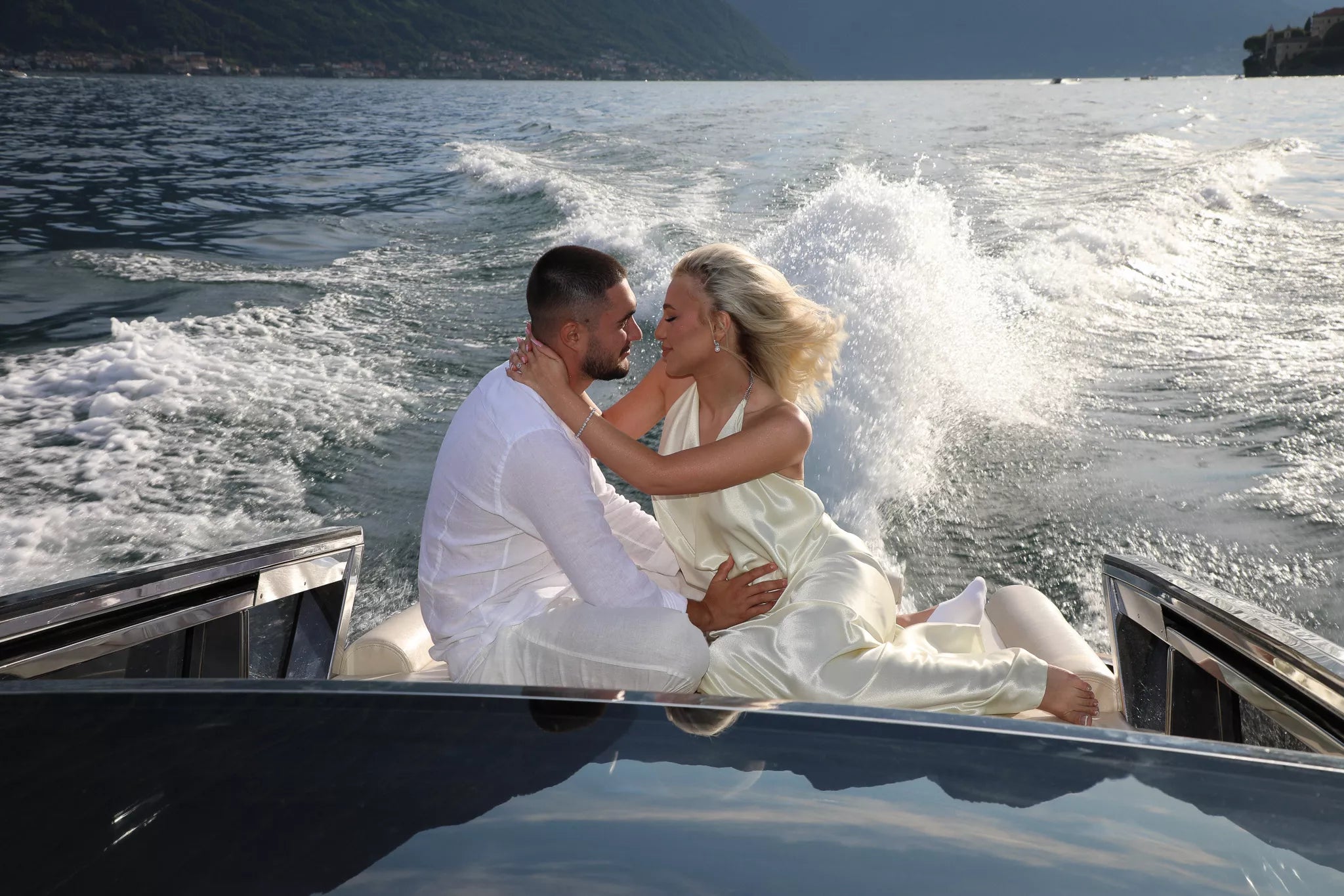 Cinematic Lake Como engagement portrait with an elegant villa backdrop