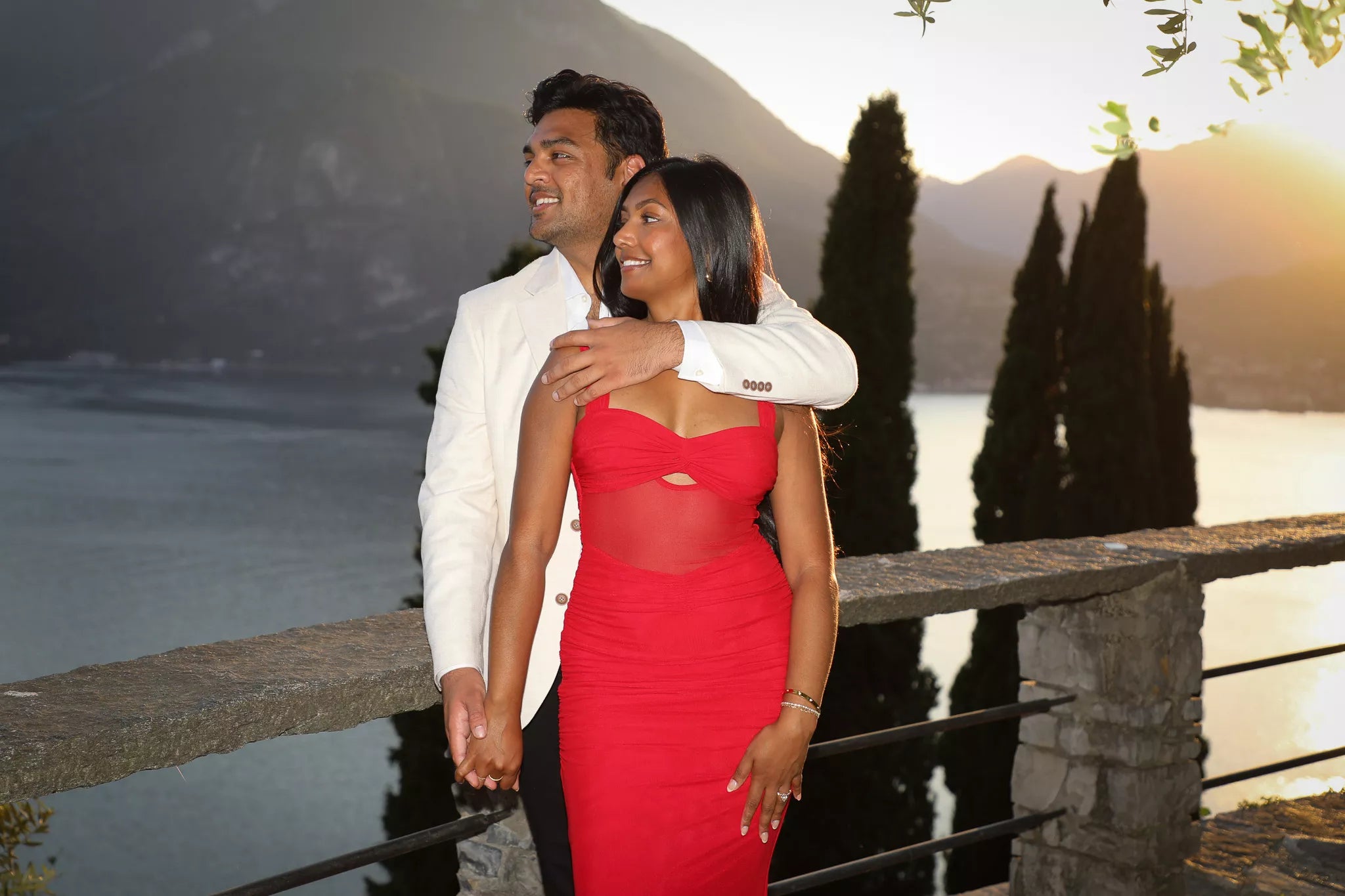 Golden hour Lake Como proposal at Castello di Vezio in Varenna with mountain views
