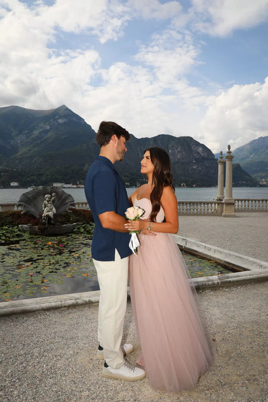 Luxury Lake Como proposal package with designer dress and professional photography by Nadia Fraqair.