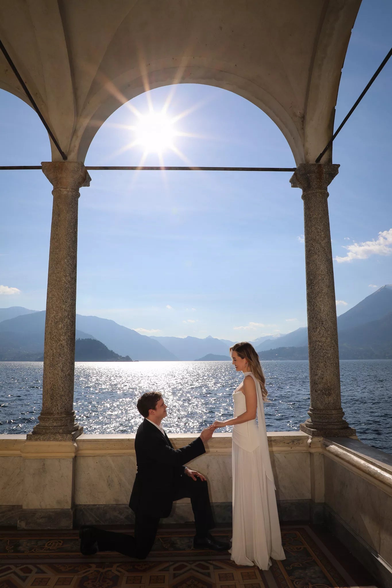 Luxury proposal dress package in Lake Como Italy including designer dress, shoes, bouquet, and photography