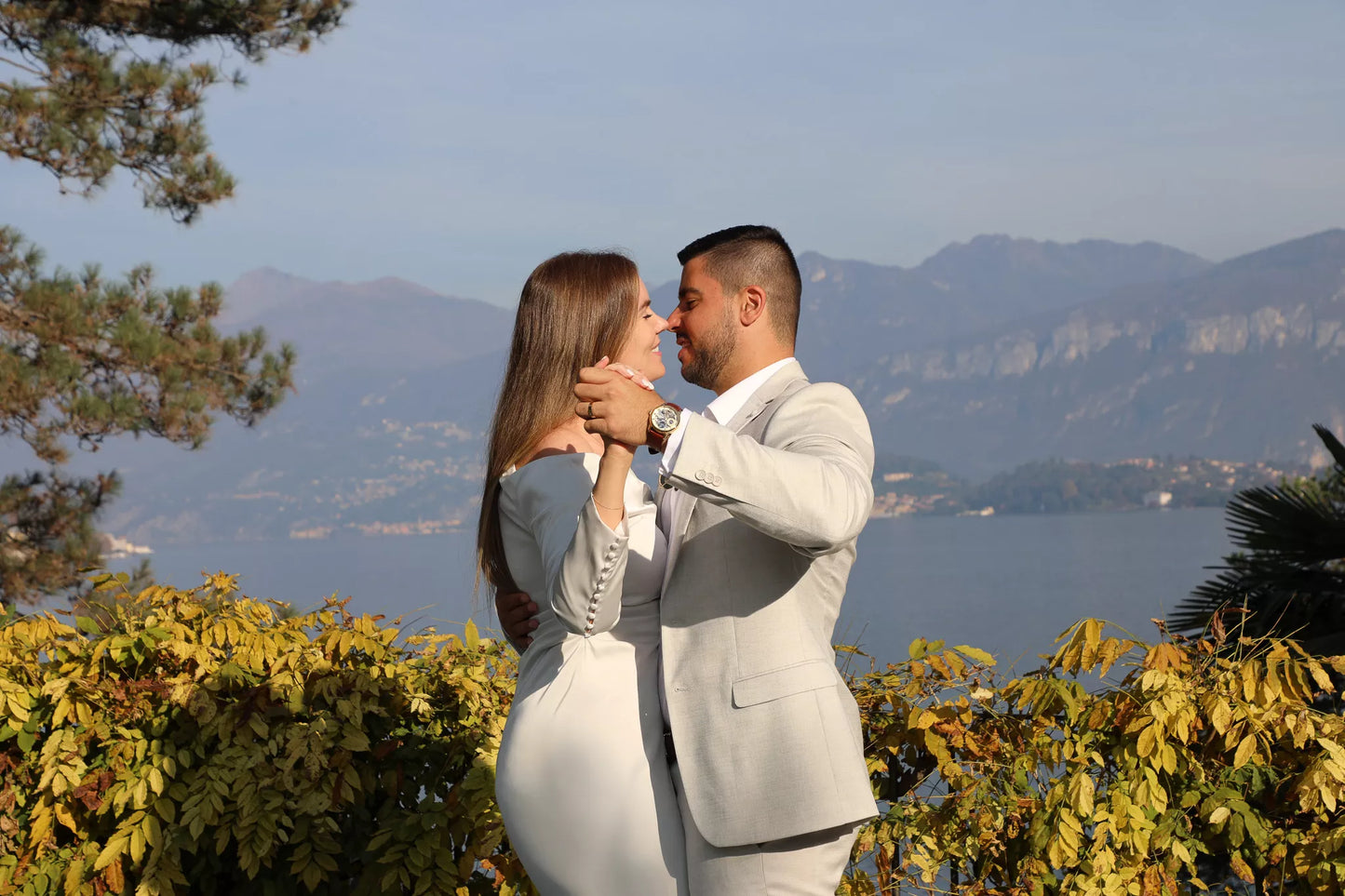 Romantic Villa del Balbianello proposal portrait with Lake Como mountain views
