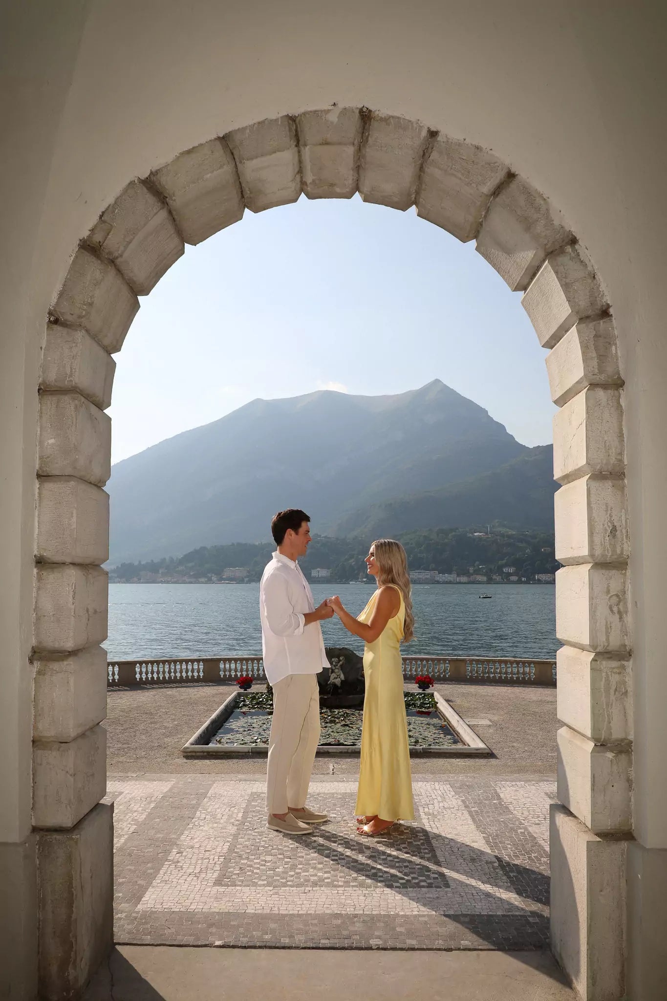 Engagement photography session in Villa Melzi Gardens after a proposal on Lake Como.