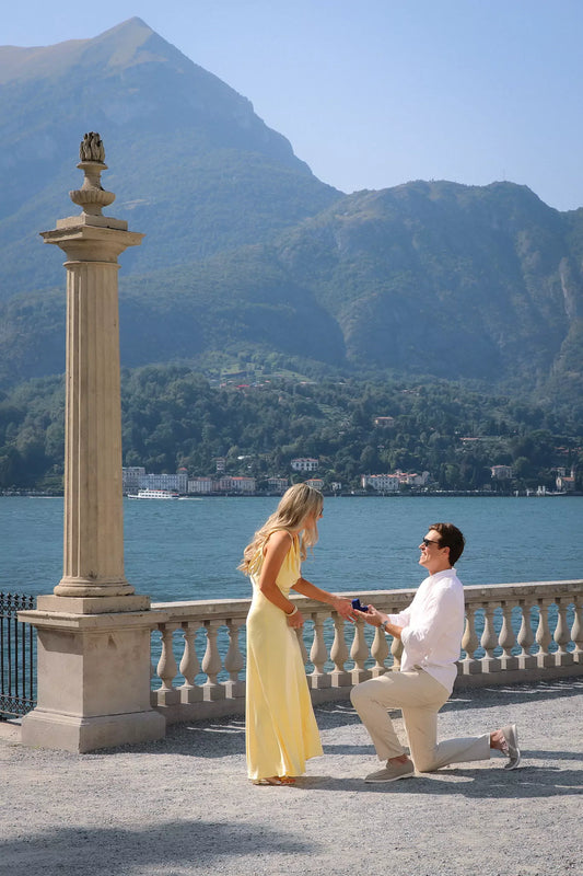 Romantic proposal in Villa Melzi Gardens, Bellagio, Lake Como, with cinematic photography by Nadia Fraqair.