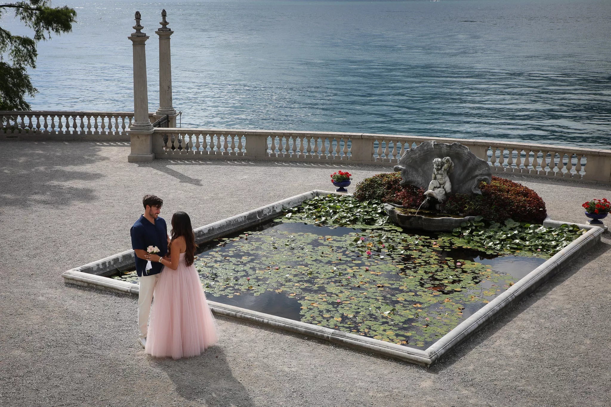 Surprise proposal photography at Villa Melzi Gardens in Bellagio on Lake Como