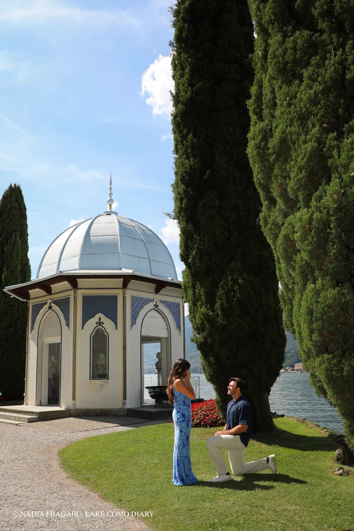 Golden-hour view inside Villa Melzi Gardens in Bellagio, Lake Como — luxury proposal photographed by Nadia Fraqair for Lake Como Diary.