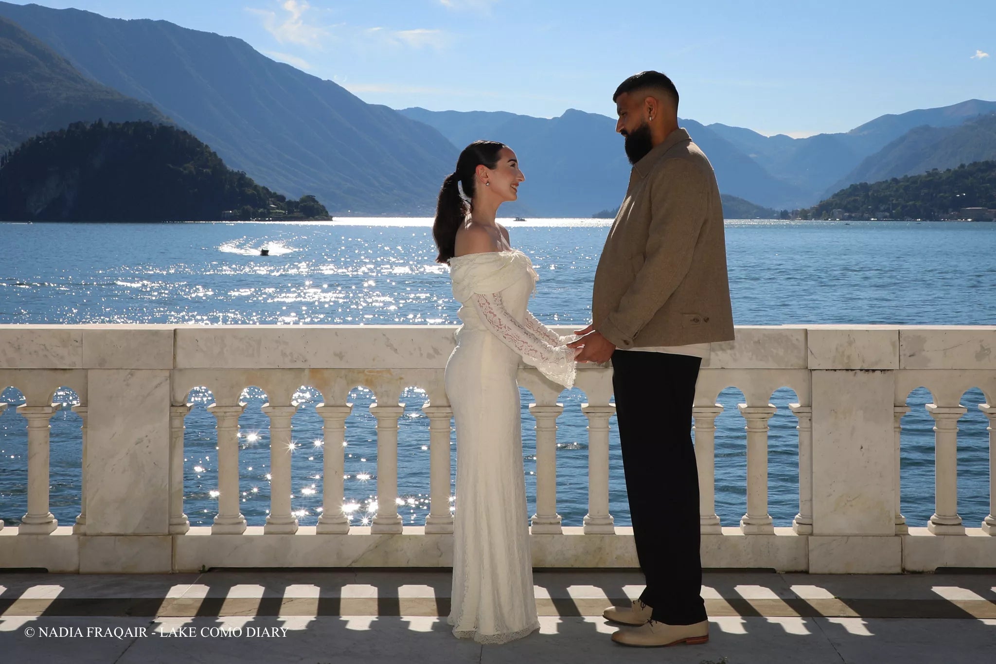 Golden-hour view of Villa Monastero terrace in Varenna, Lake Como — luxury proposal photographed by Nadia Fraqair for Lake Como Diary.